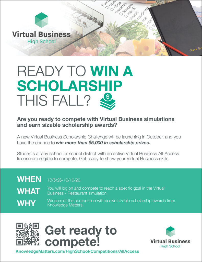 Flyer for Virtual Business High School advertising a scholarship competition with bold text 'WIN A SCHOLARSHIP THIS FALL' and a logo.